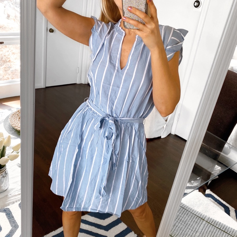 🦋 LOFT BOHO POWDER BLUE WHITE STRIPE BELTED RUFFLE SUMMER DRESS! - Picture 5 of 10